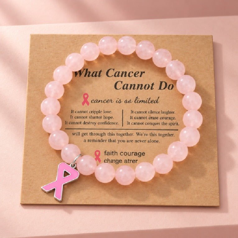 Pink October Ribbon Beaded Bracelet - Rose
