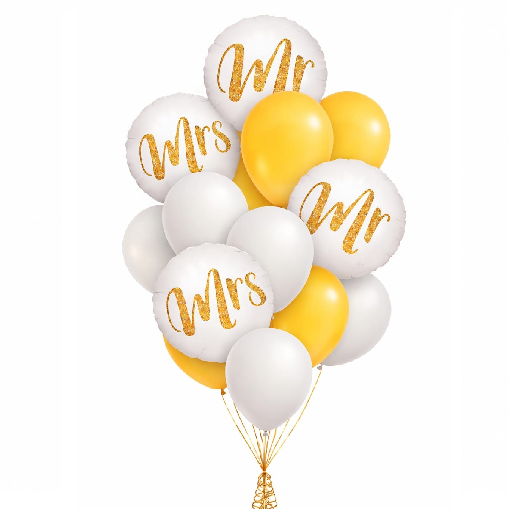 Mr. & Mrs.  White Bouquet Heart & Gold Balloons