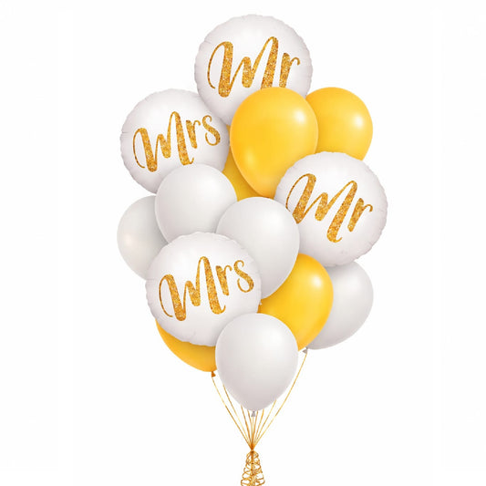 Mr. & Mrs.  White Bouquet Heart & Gold Balloons