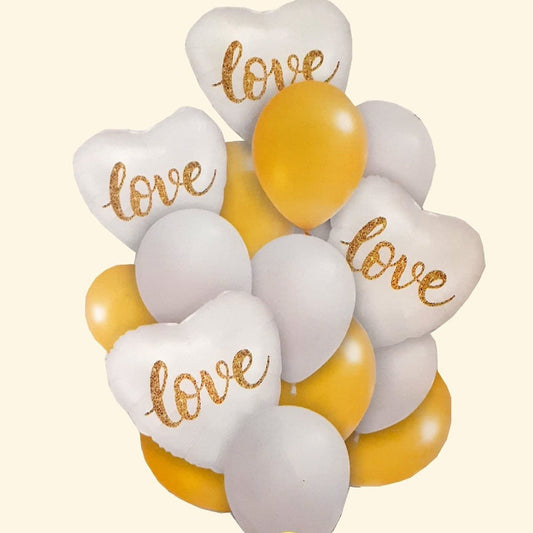 Love White Bouquet Heart & Gold Balloons Helium