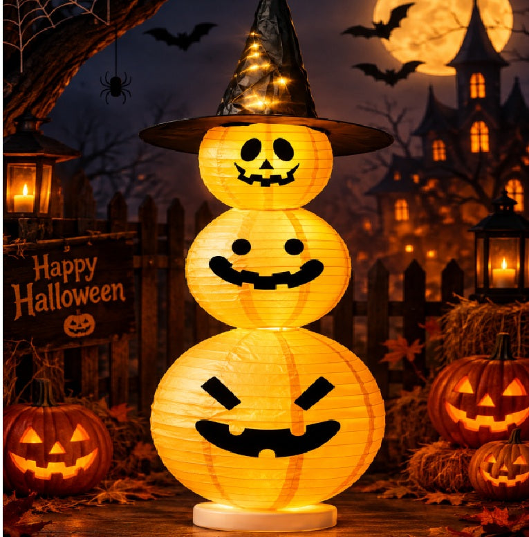 3 Head Stacked Pumpkin Witch Hat Lantern (Light-Up)