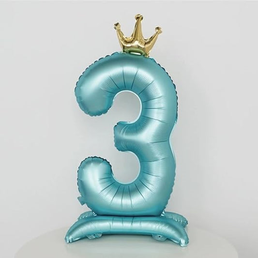 Crown Blue Number 3 Balloon with Base
