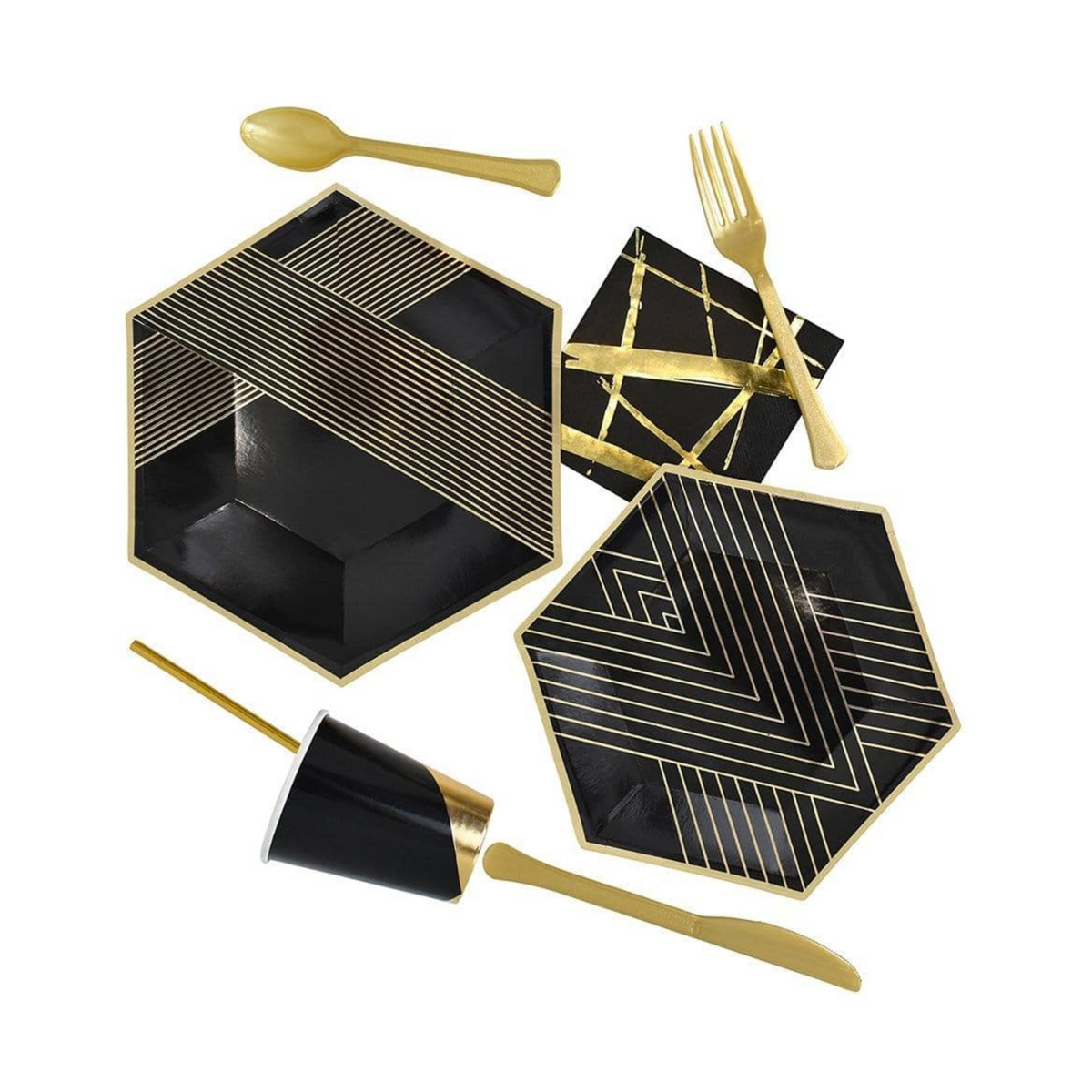 Black with Gold Theme Party Hexagon Plates Set