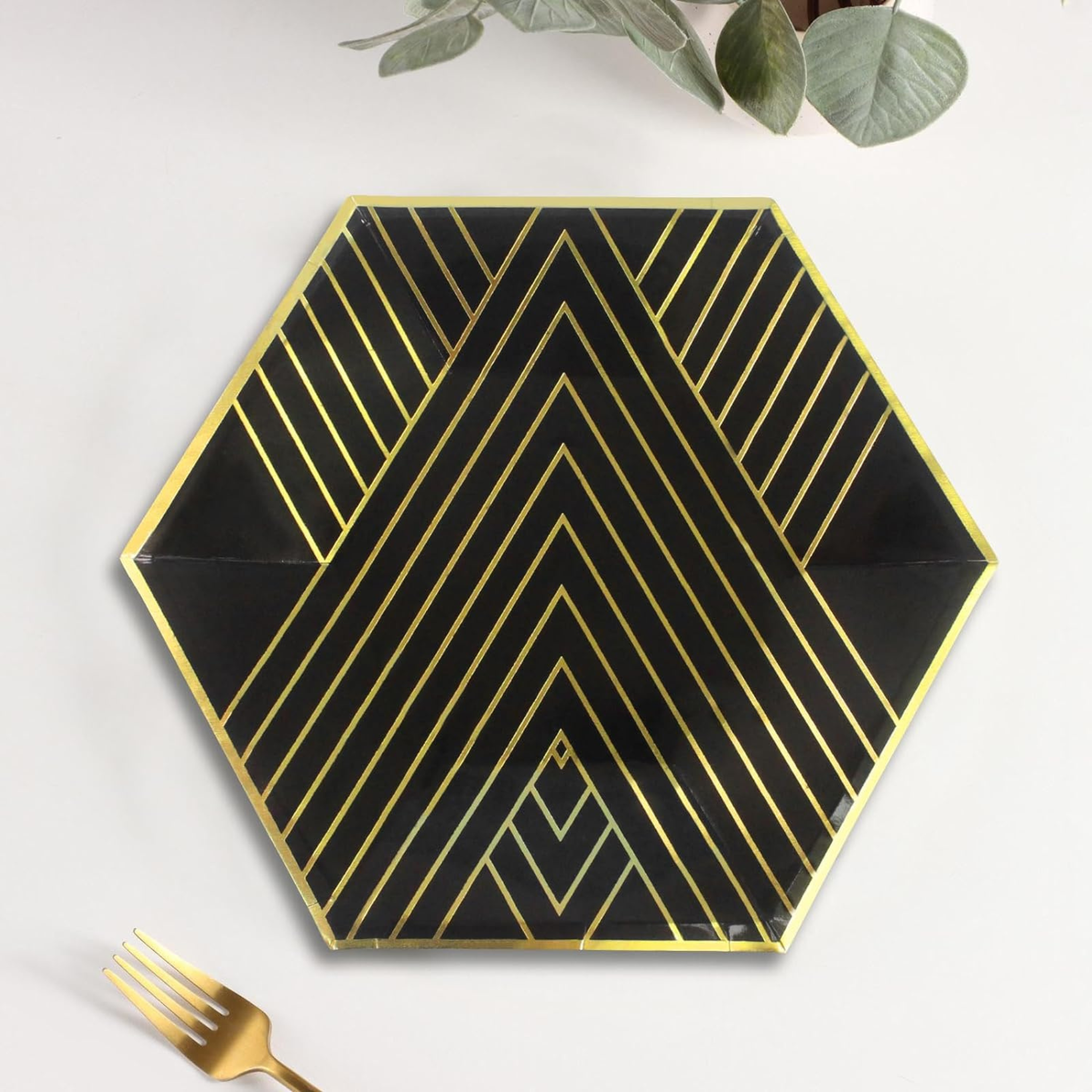 Black with Gold Theme Party Hexagon Plates Set