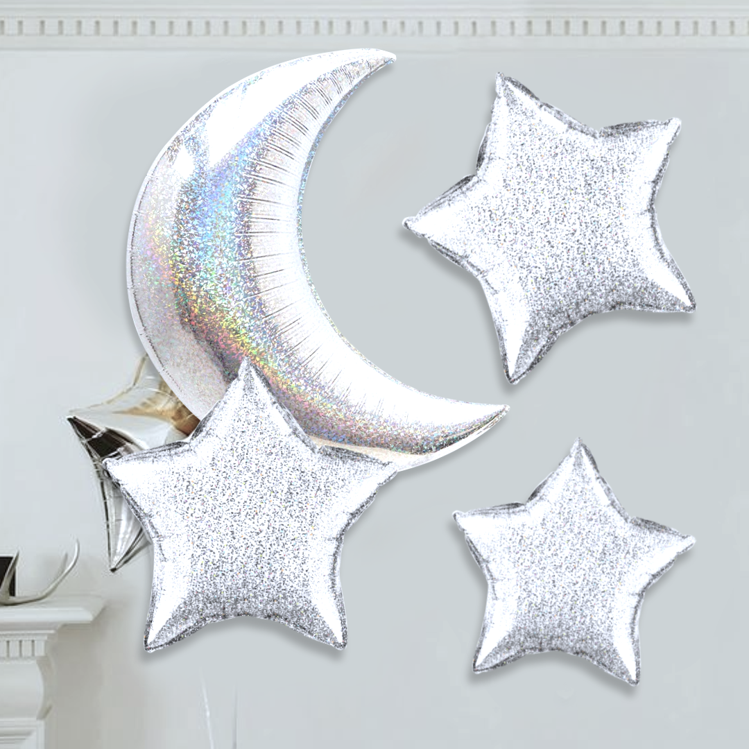 Silver Moon Shape and Star Shape Foil Balloons Set