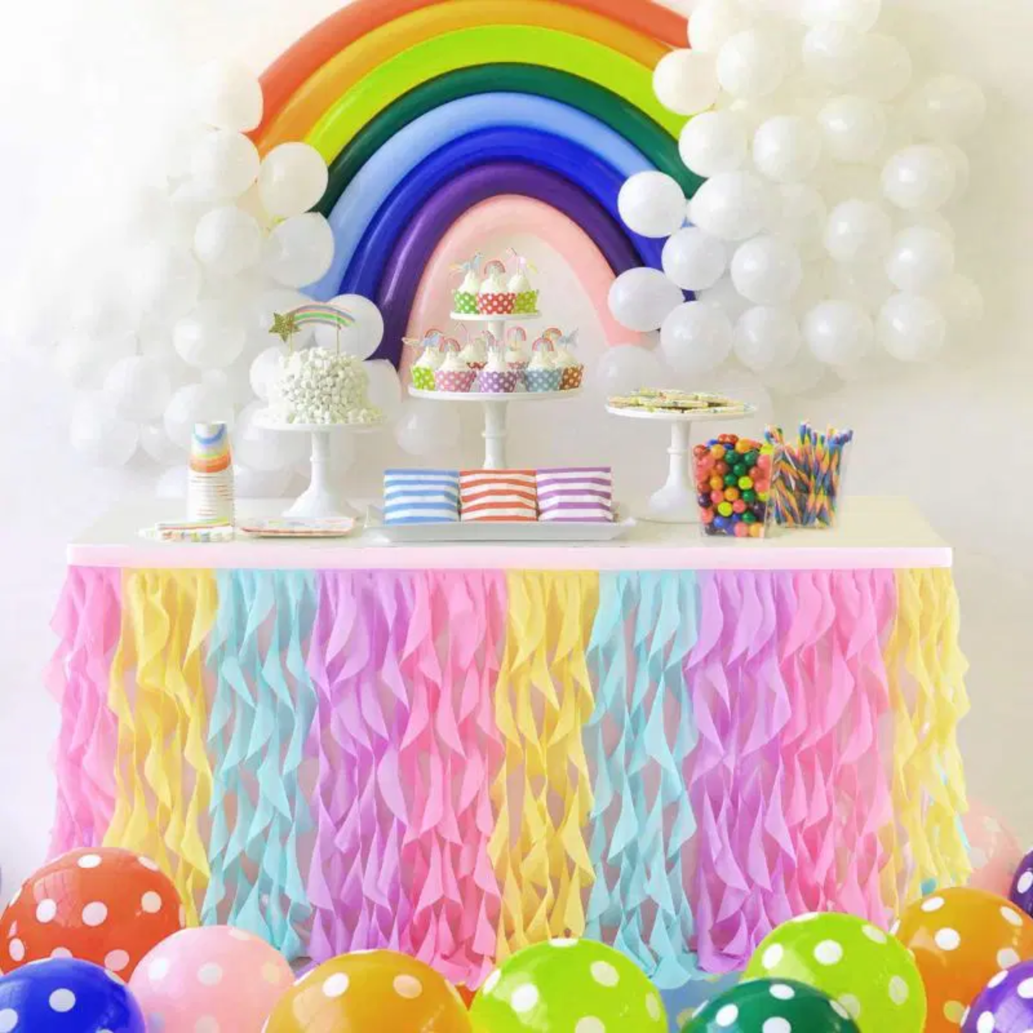 Candy Land Theme Rainbow Tulle Curly Willow Table Skirt