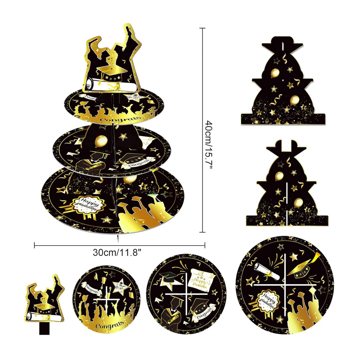 Graduation 3-Tier Black Gold Round Cupcake Stand