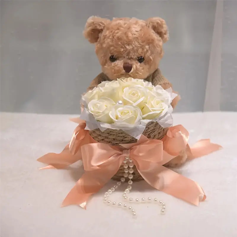 Mother's Day Artificial white Flowers Teddy Bear held Basket