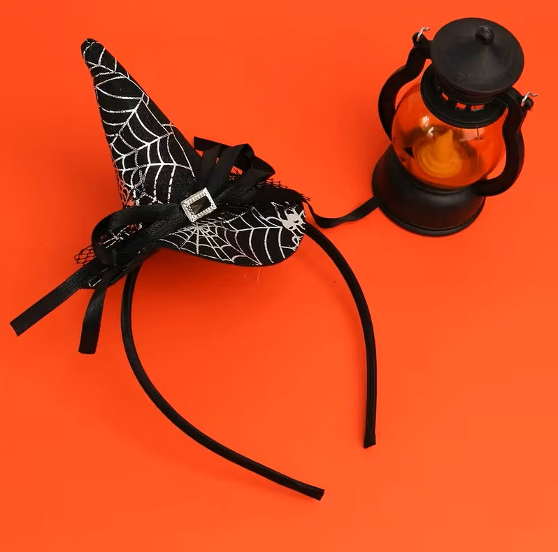 Witch Hat Headband (Silver Spider Web Design)