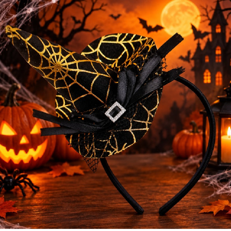 Witch Hat Headband (Gold Spider Web Design)