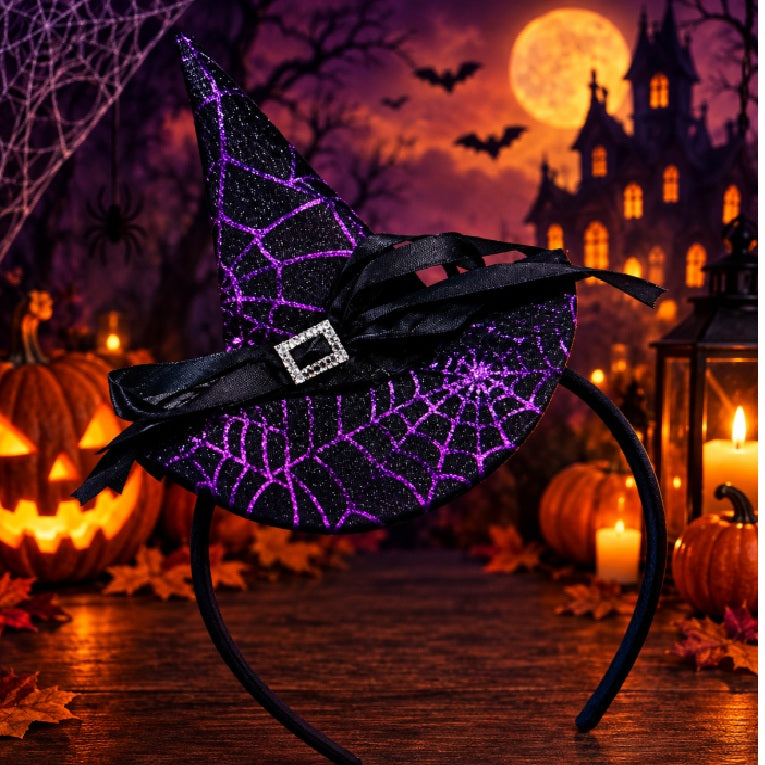 Witch Hat Headband (Purple Spider Web Design)
