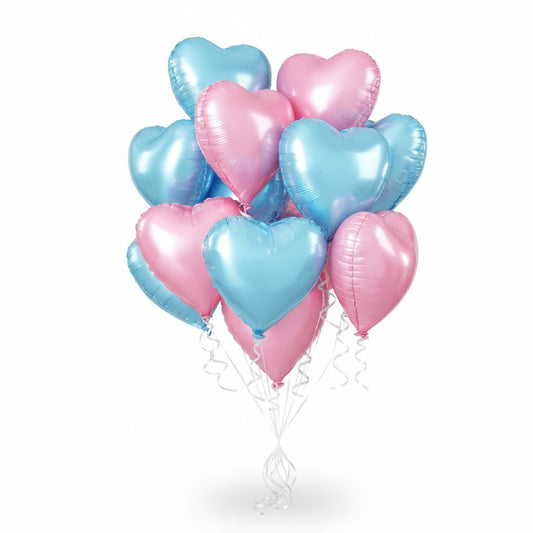 Heart Shape Helium Baby Blue & Pink Foil Balloon Bouquet - 10 Pcs