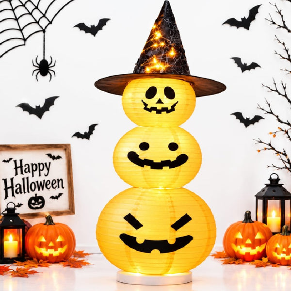 3 Head Stacked Pumpkin Witch Hat Lantern (Light-Up)
