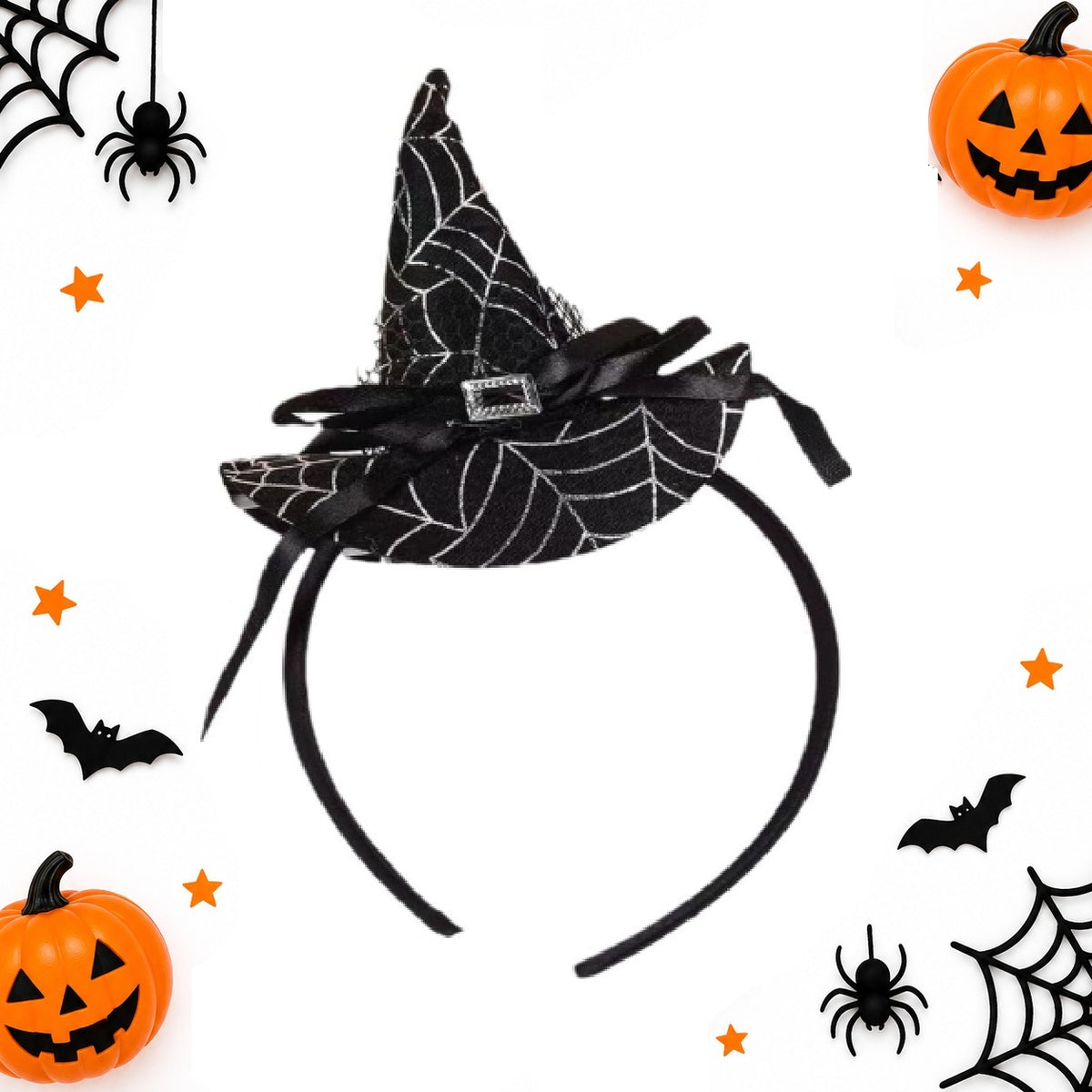 Witch Hat Headband (Silver Spider Web Design)