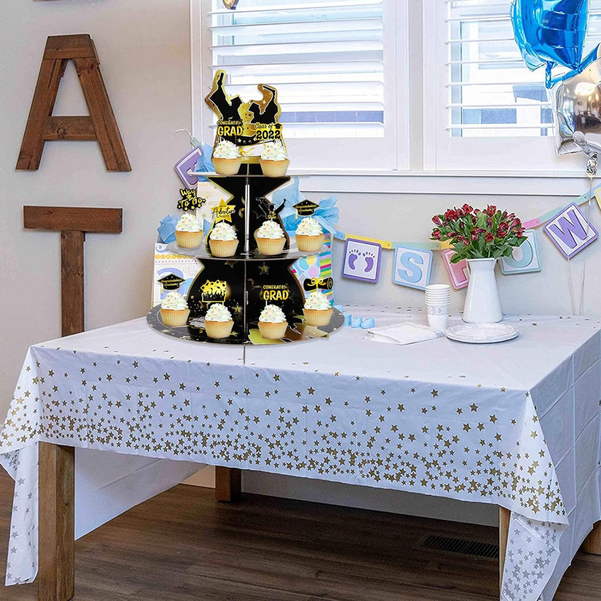 Graduation 3-Tier Black Gold Round Cupcake Stand
