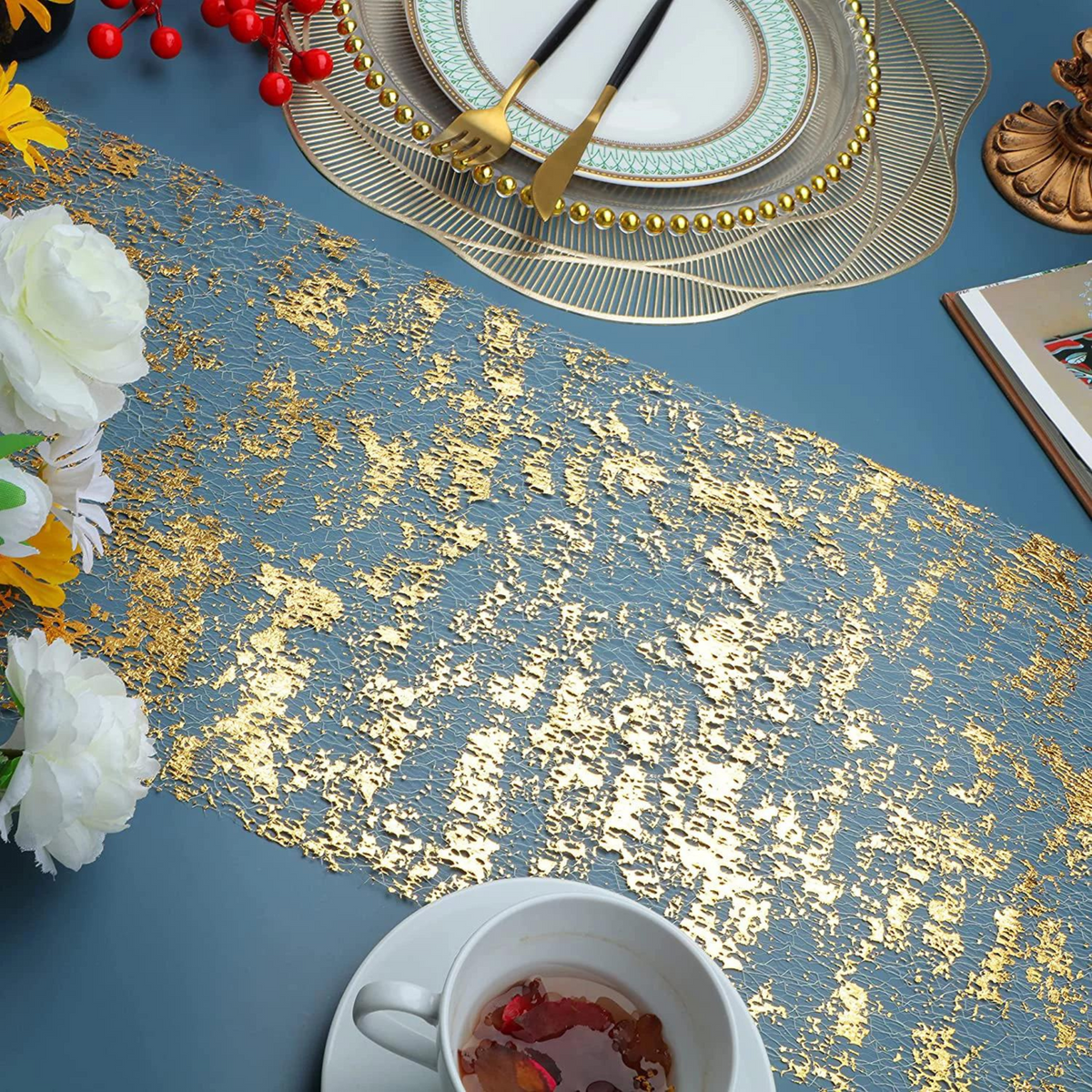 Glittery Gold Metallic Foil Mesh Table Runner Roll