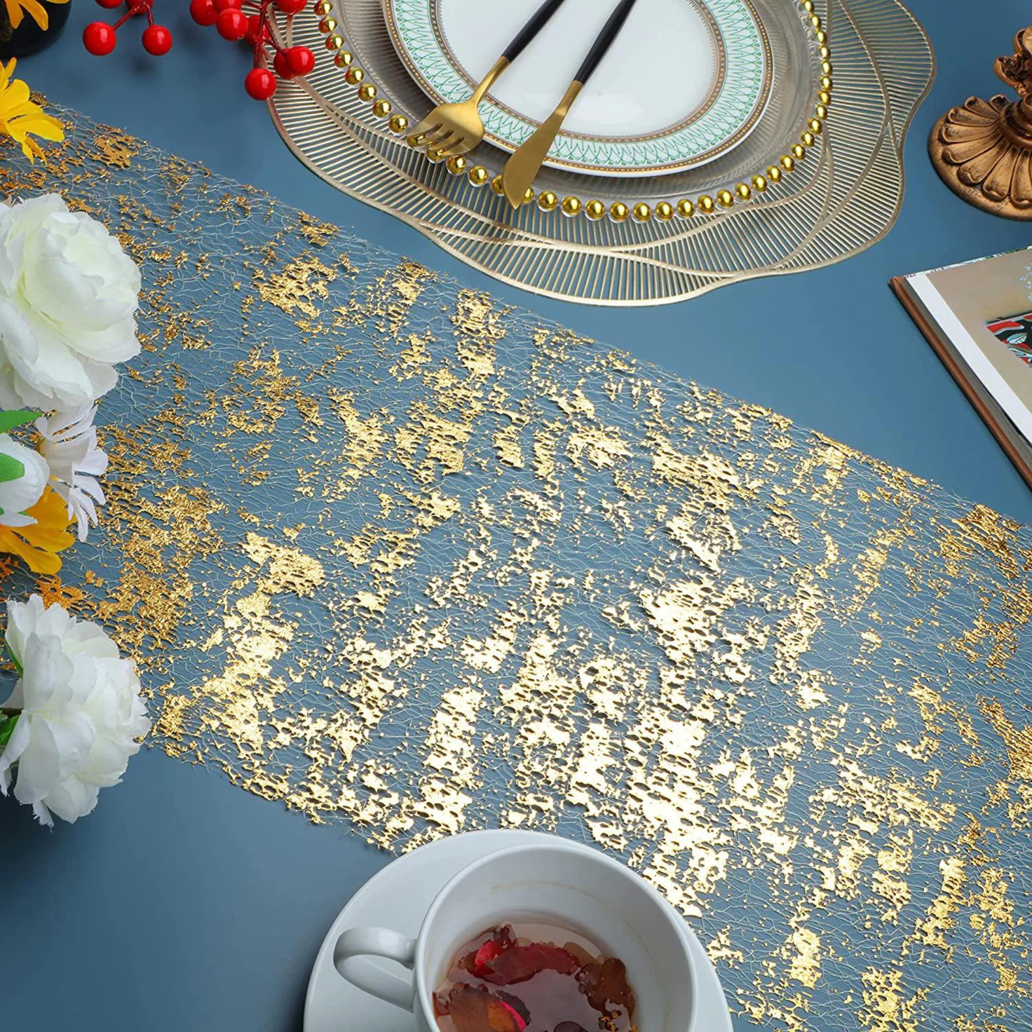 Glittery Gold Metallic Foil Mesh Table Runner Roll