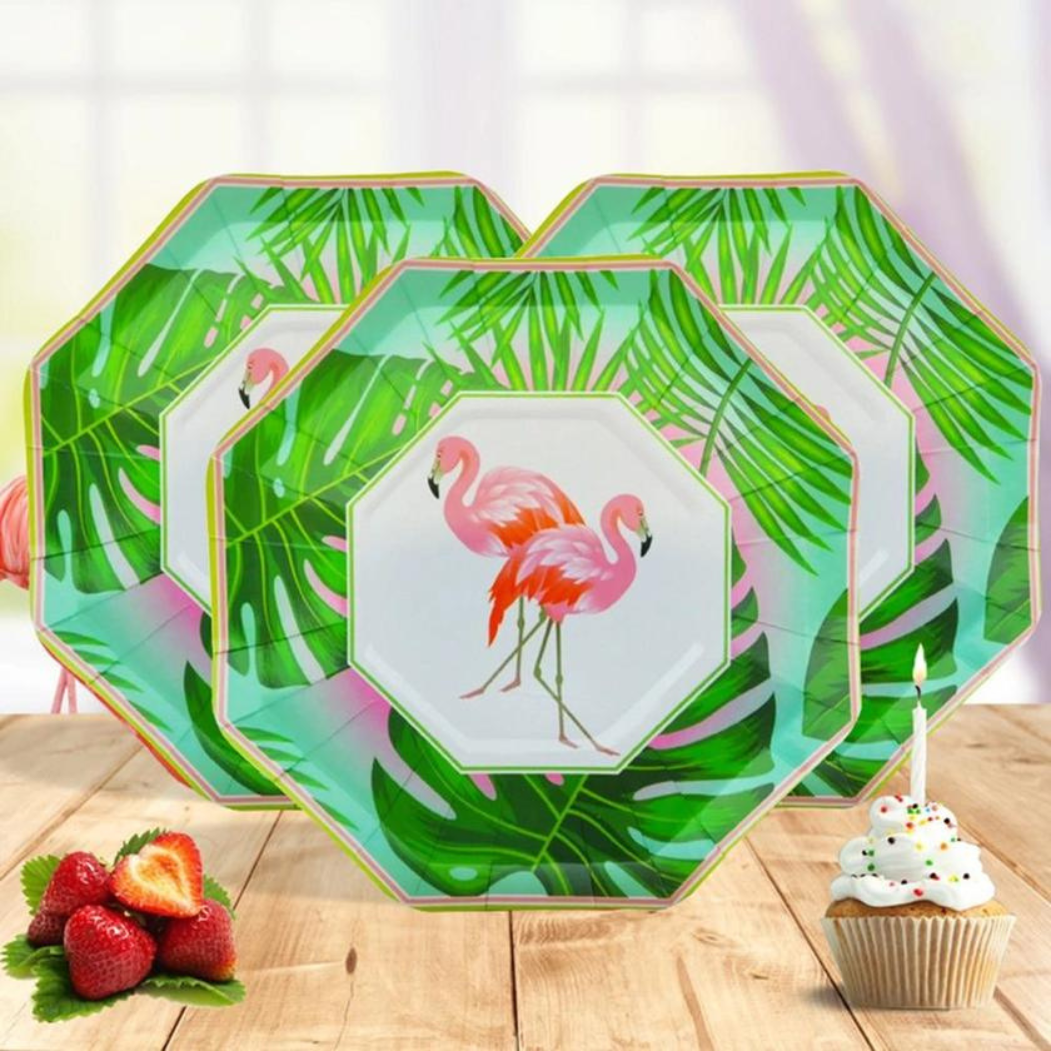 Flamingo Theme Green Print Plates Set