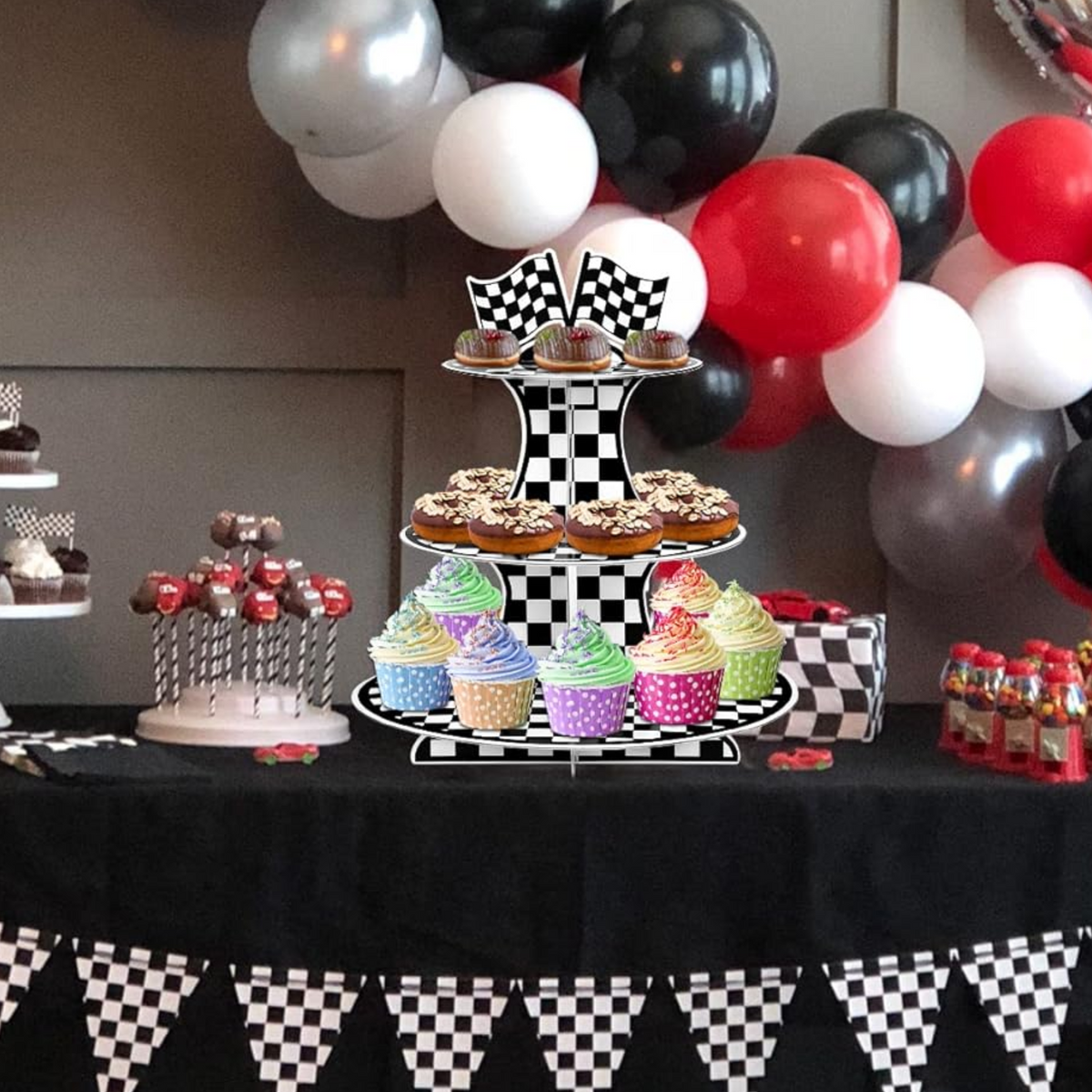 3-Tier Racing Car Theme Round Cardboard Cupcake Stand