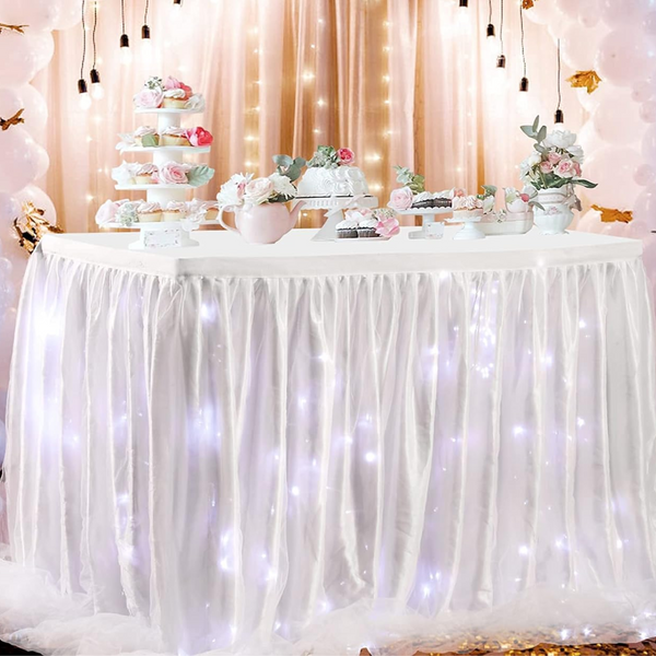 White Tulle Table Skirt with Lights