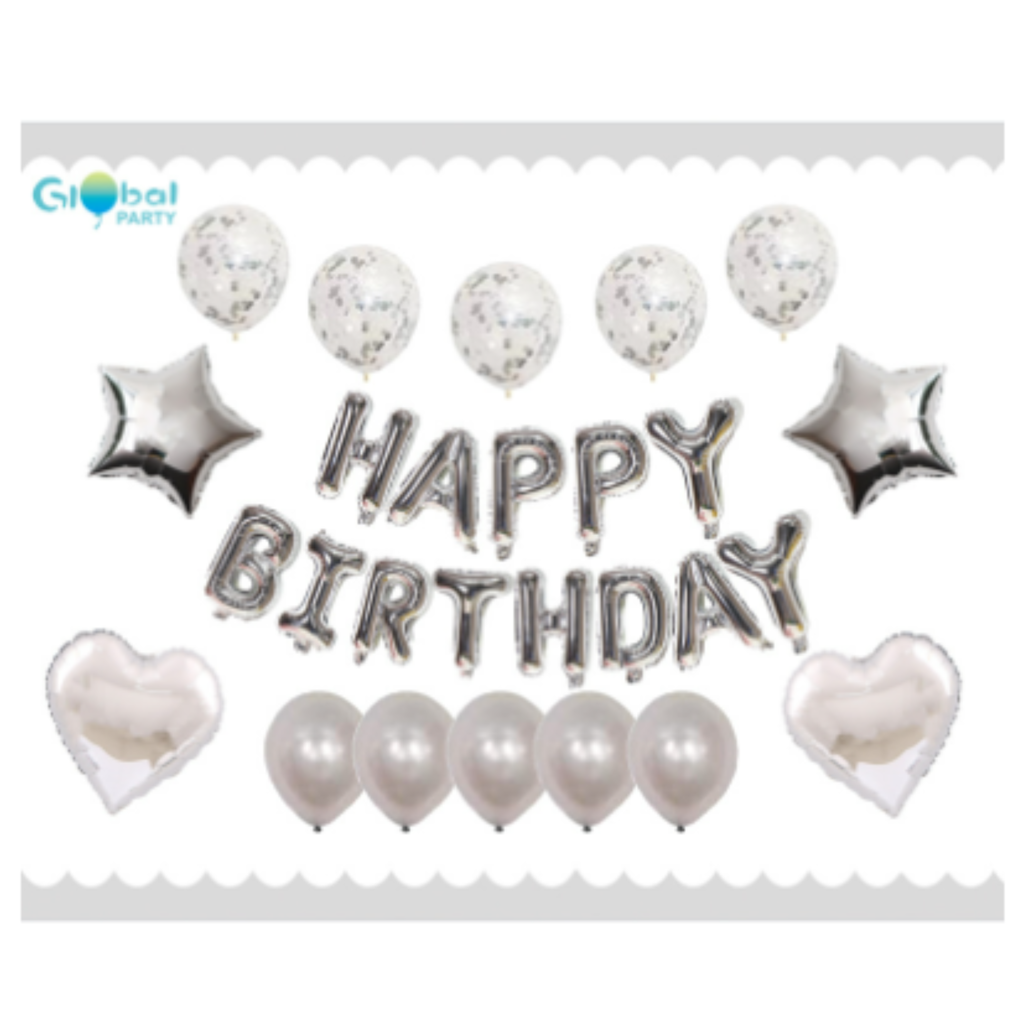 Happy Birthday Balloons Banner Set (Silver)