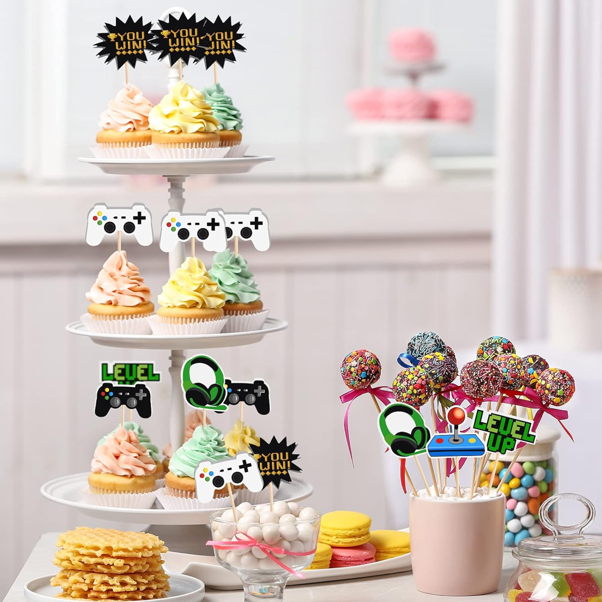 Game On Theme Party Cup Cake Toppers Set