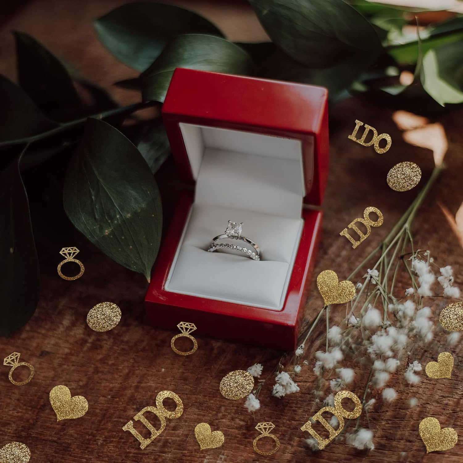 Gold Wedding Confetti (Glitter Paper Diamond Ring Hearts I DO Confetti)