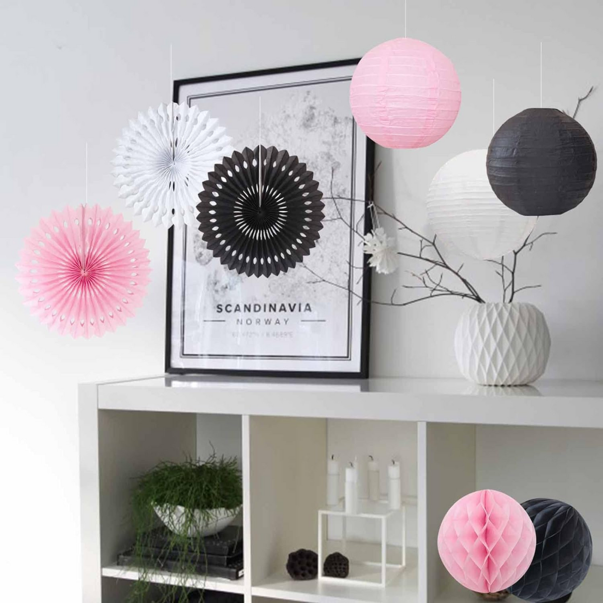 Black Pink and White Hanging Paper Decorations Set
