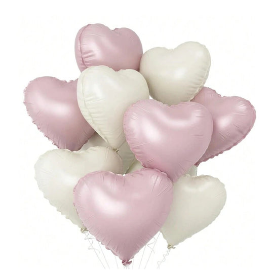 Heart Shape Helium Pink Pastel & White Foil Balloon Bouquet - 10 Pcs