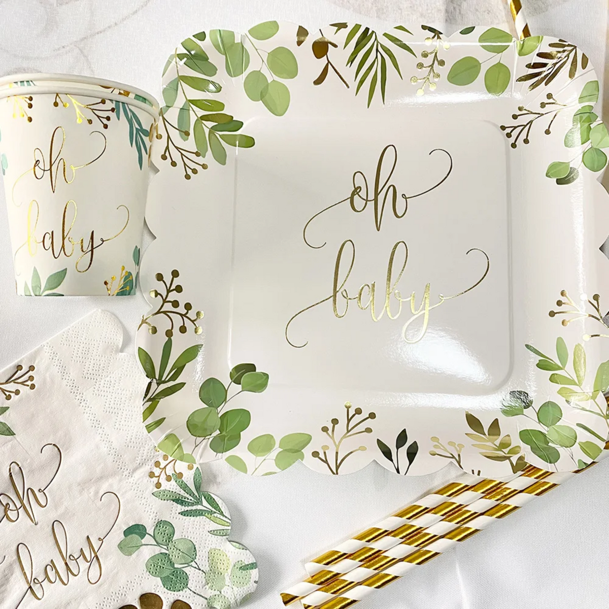 Gold Letter Oh Baby 9 Inch Paper Plates Set