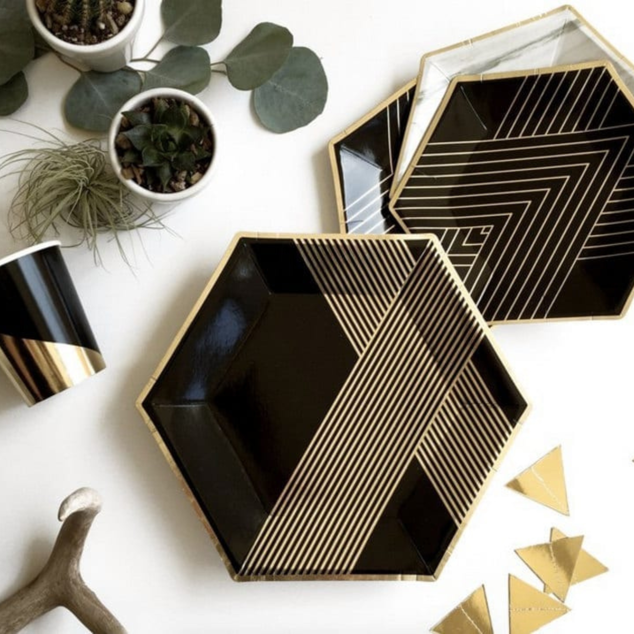 Black with Gold Theme Party Stripes Tableware Set