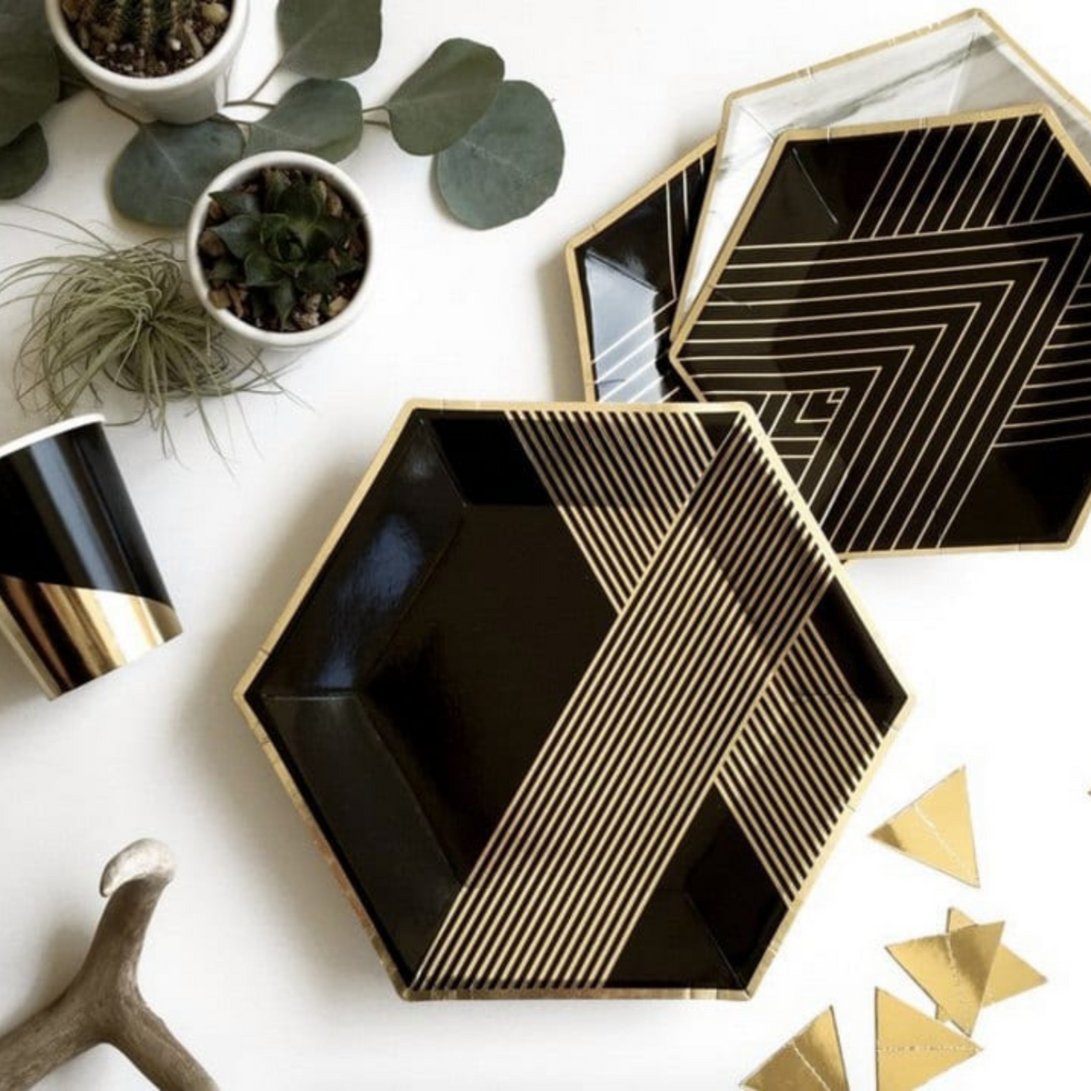 Black with Gold Theme Party Hexagon Plates Set