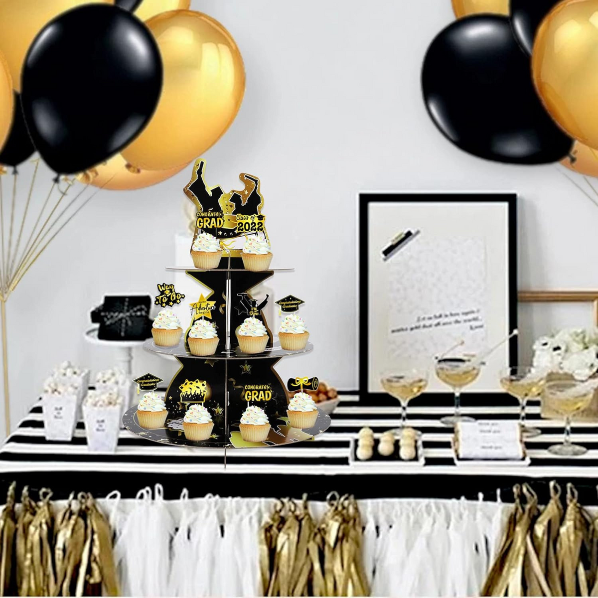 Graduation 3-Tier Black Gold Round Cupcake Stand