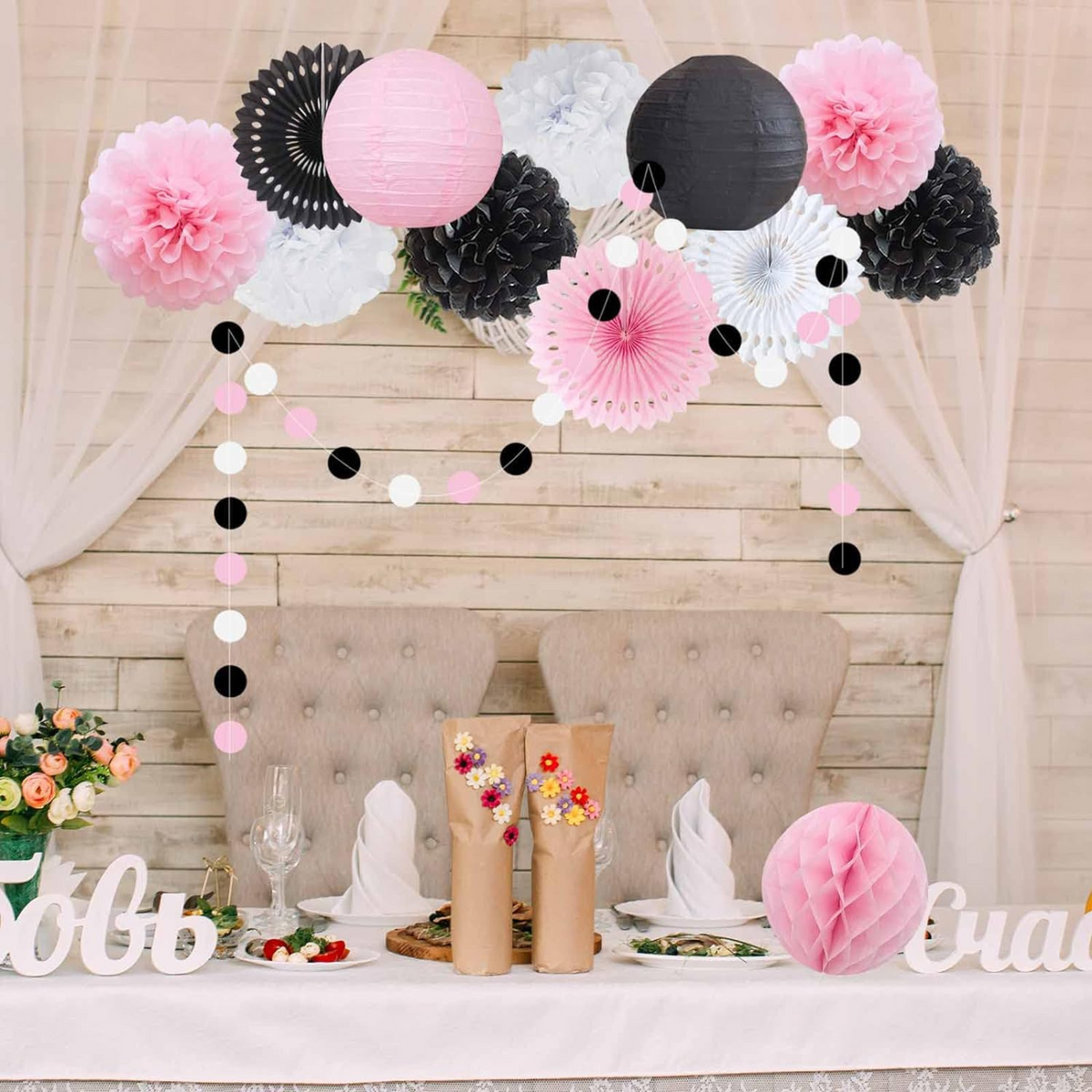 Black Pink and White Hanging Paper Decorations Set