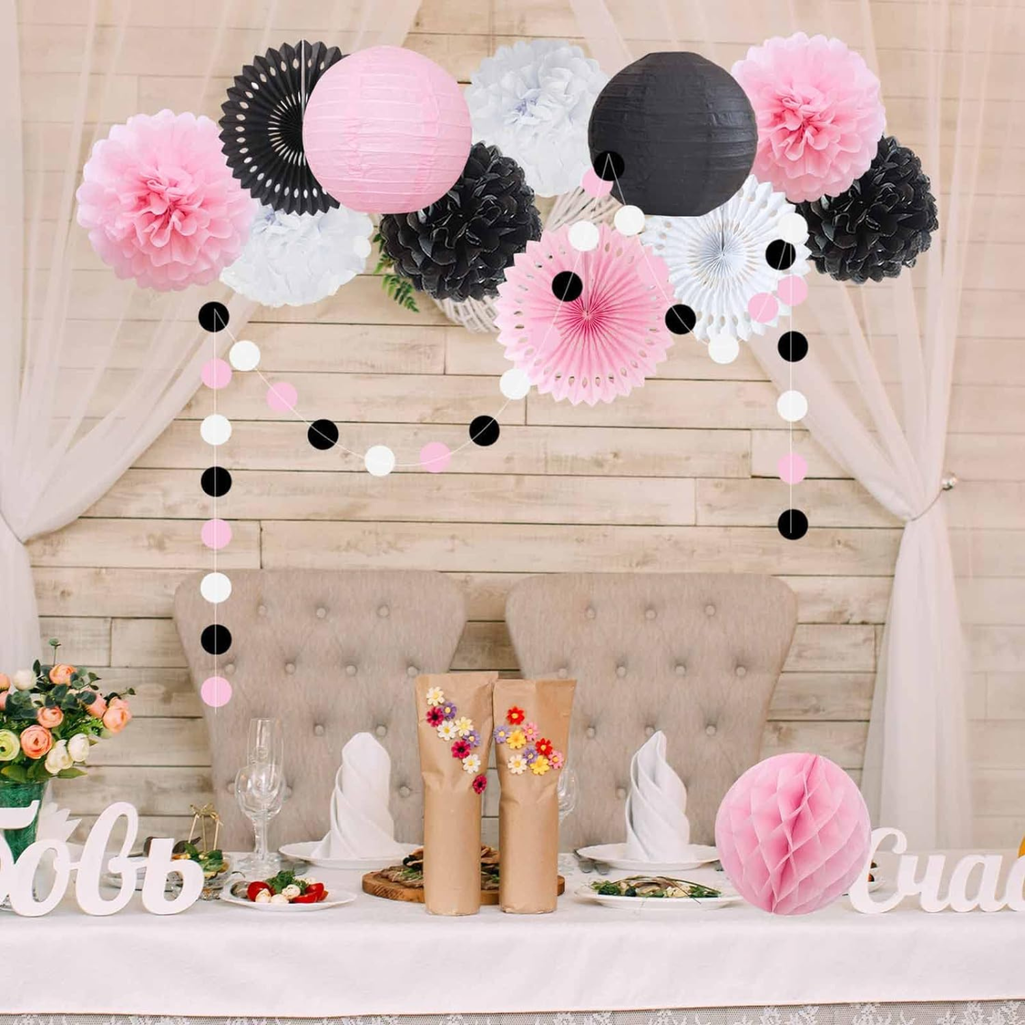 Black Pink and White Party Decorations