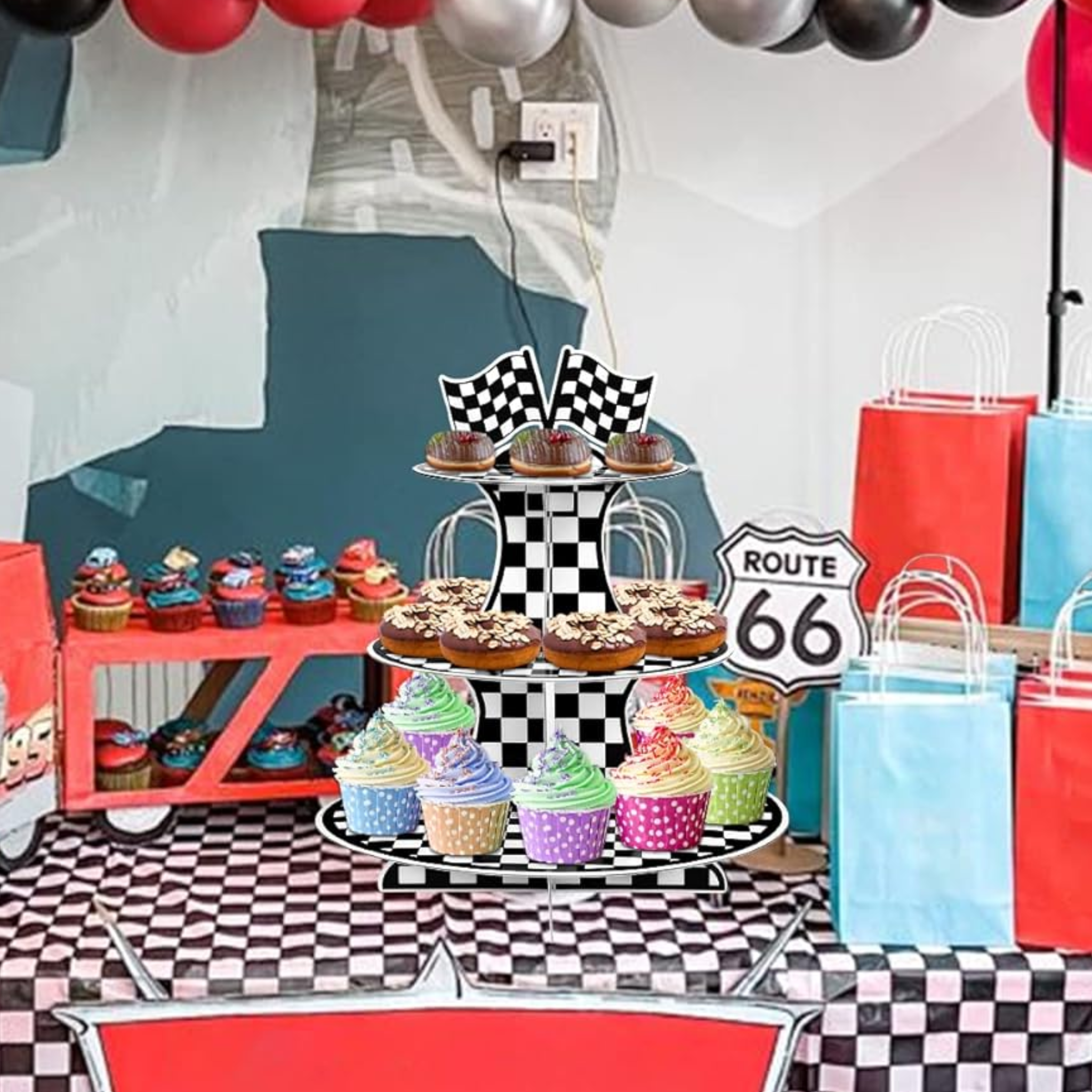 3-Tier Racing Car Theme Round Cardboard Cupcake Stand