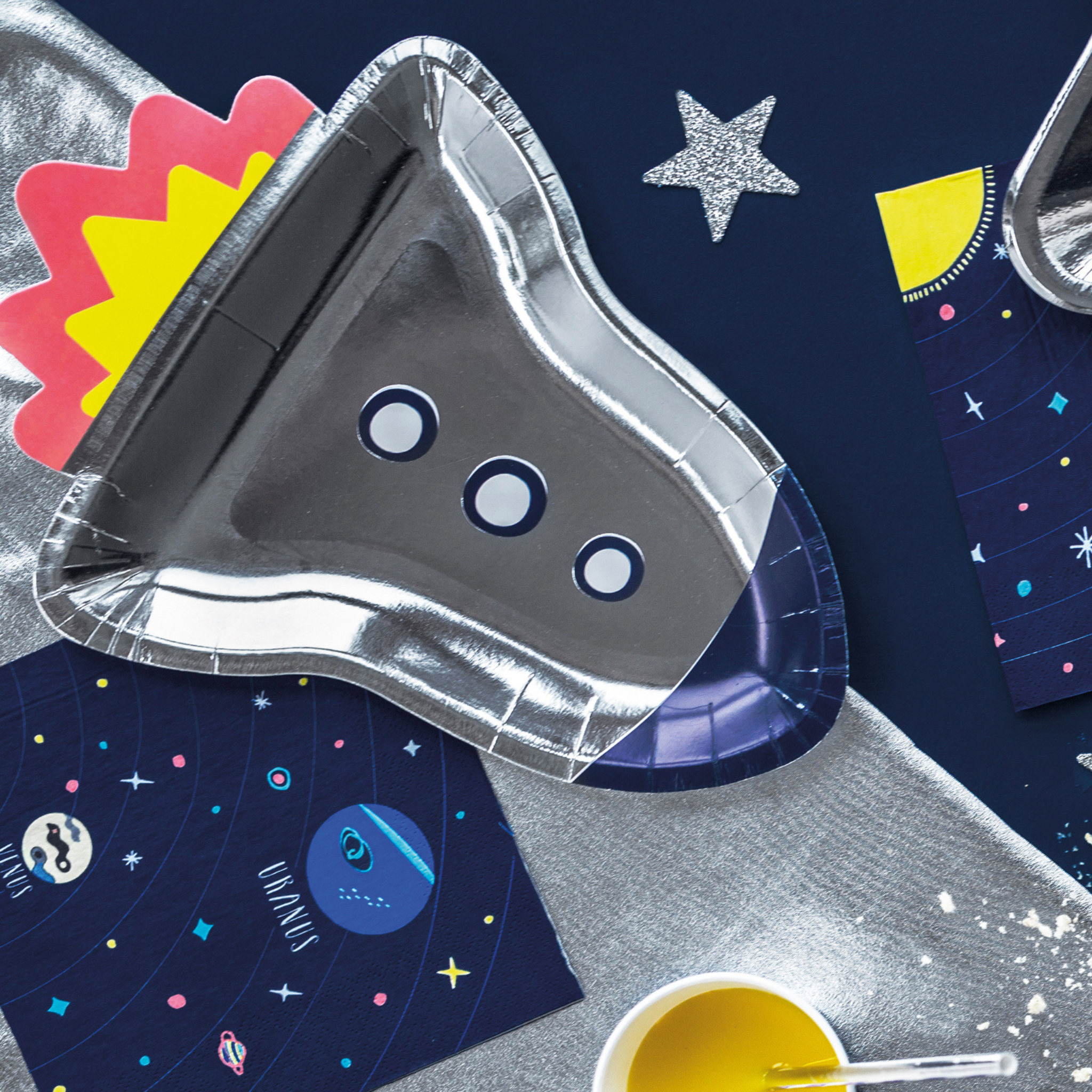 Silver & Blue Rocket Ship Paper Plates Set