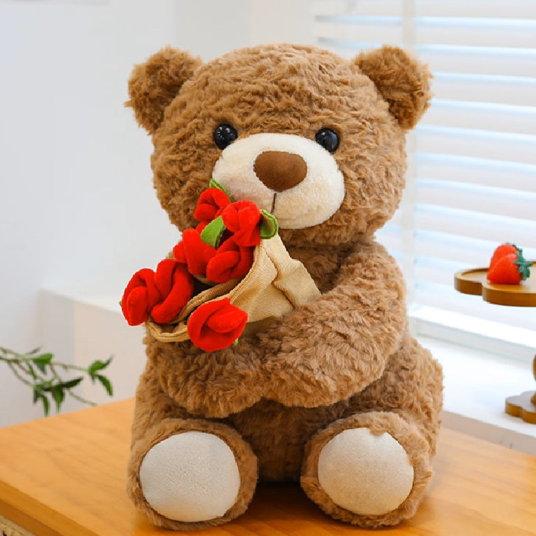 Brown Cute Teddy Bear with forever Rose/Hat Rose