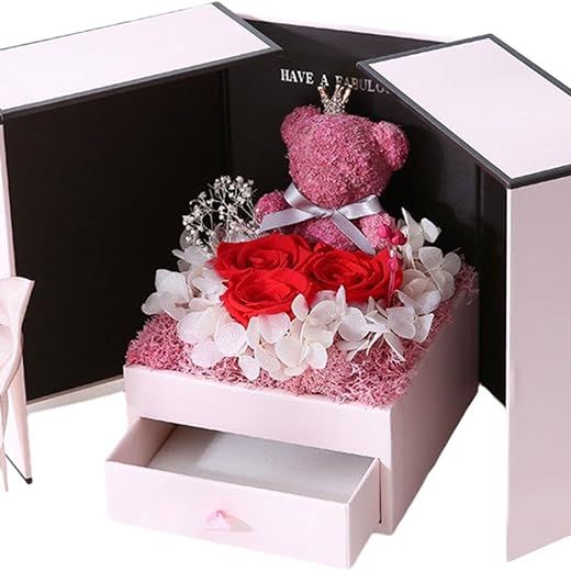 Pink Eternal Roses Bear and Heart Gift Box