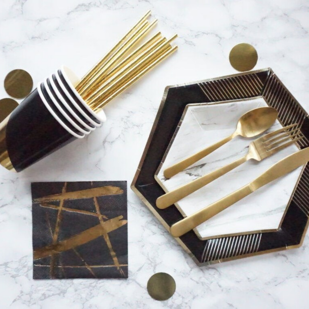 Black with Gold Theme Party Hexagon Plates Set