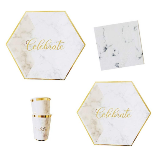 White Marble Pattern with Gold Stripe Tableware Set