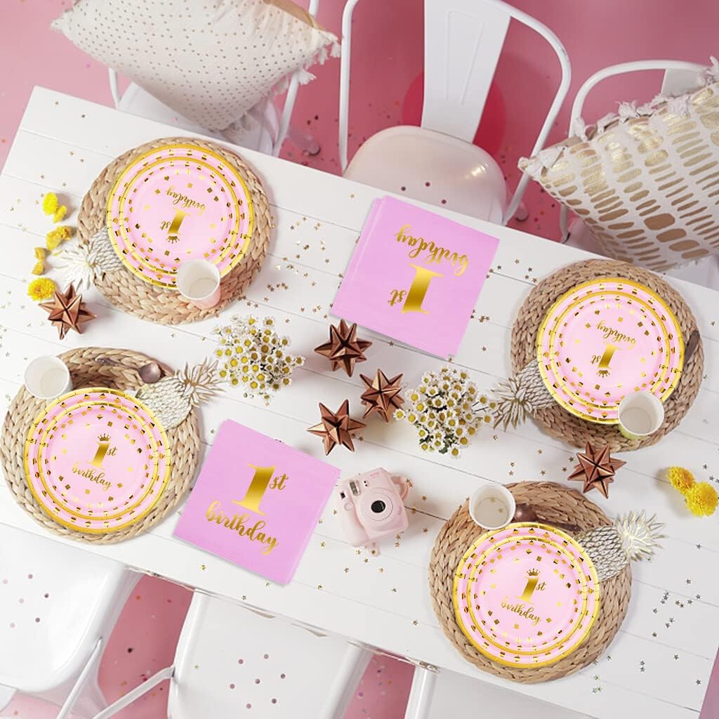 First Birthday Pink Decorations 9 Inch Paper Plates Set