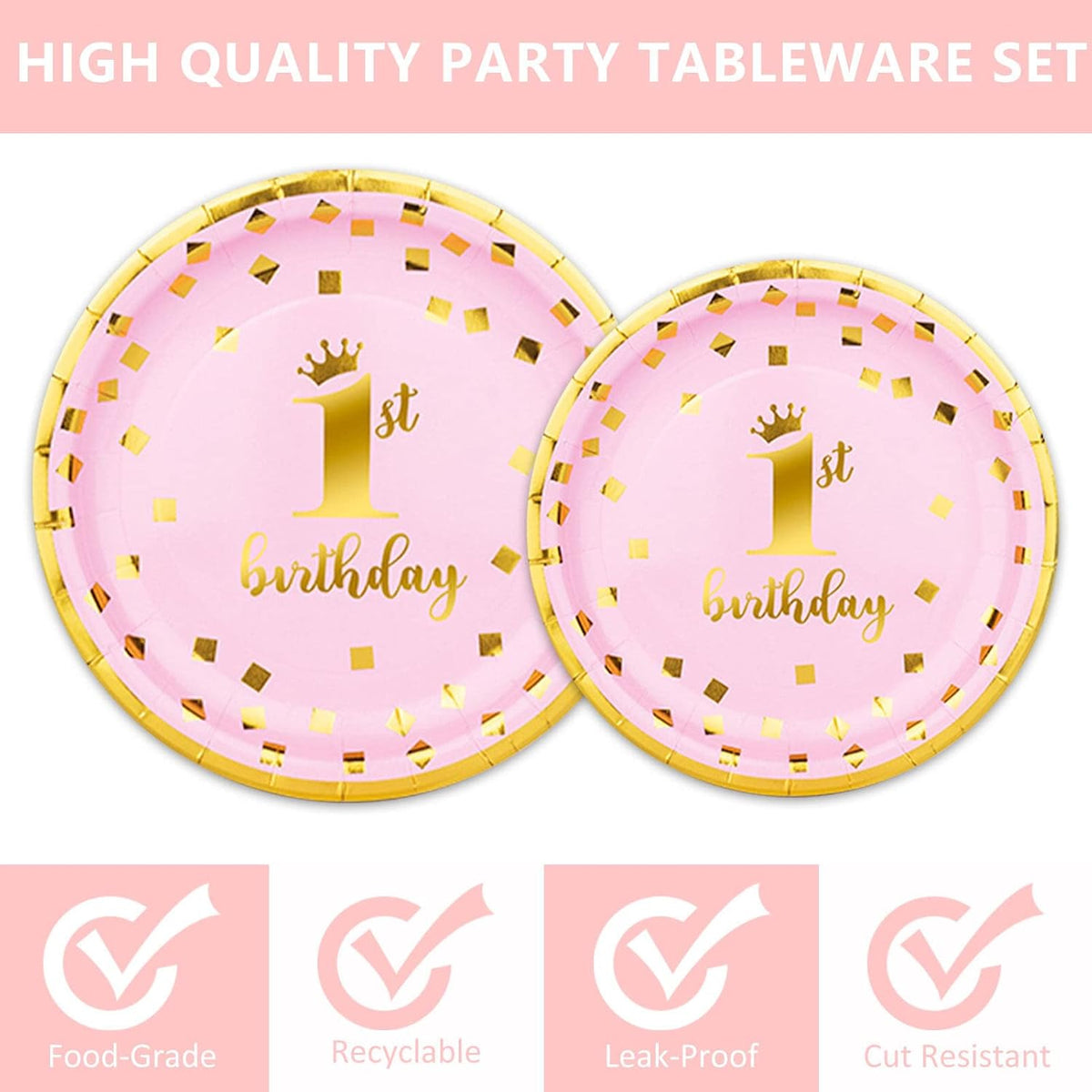 First Birthday Pink Decorations 9 Inch Paper Plates Set