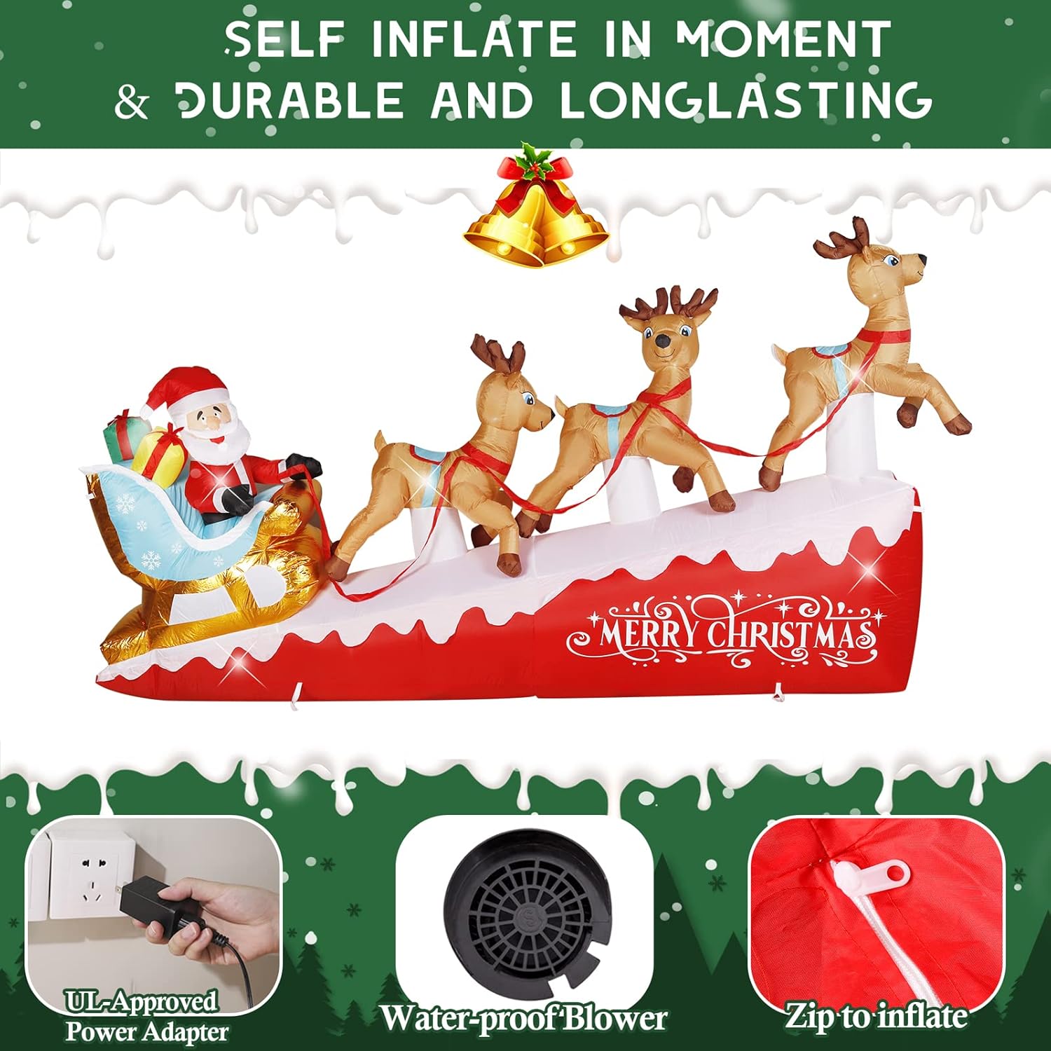 Christmas Inflatable Santa Clause on Sleigh 10 Ft