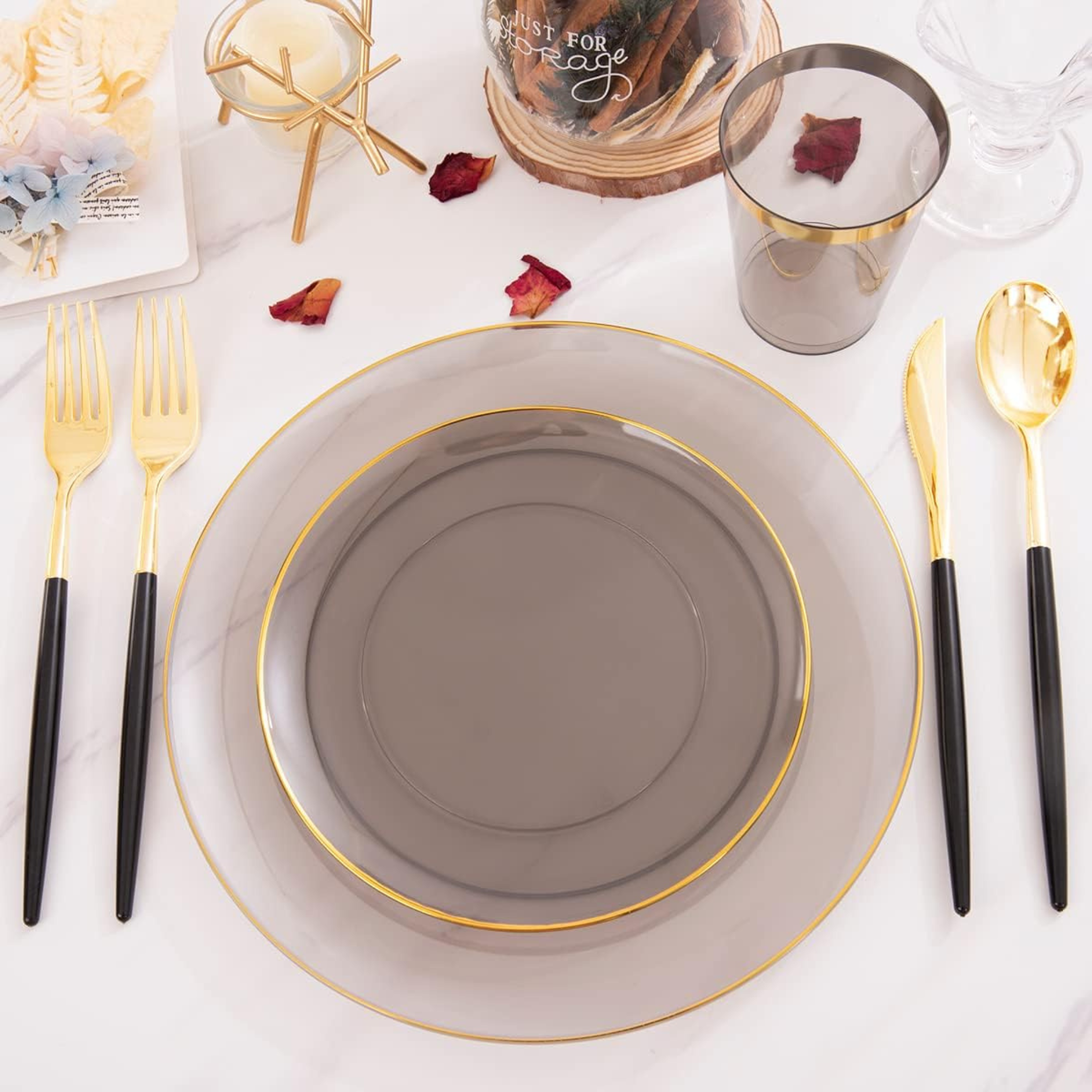 Elegant Black Dinnerware with Gold Rim Set