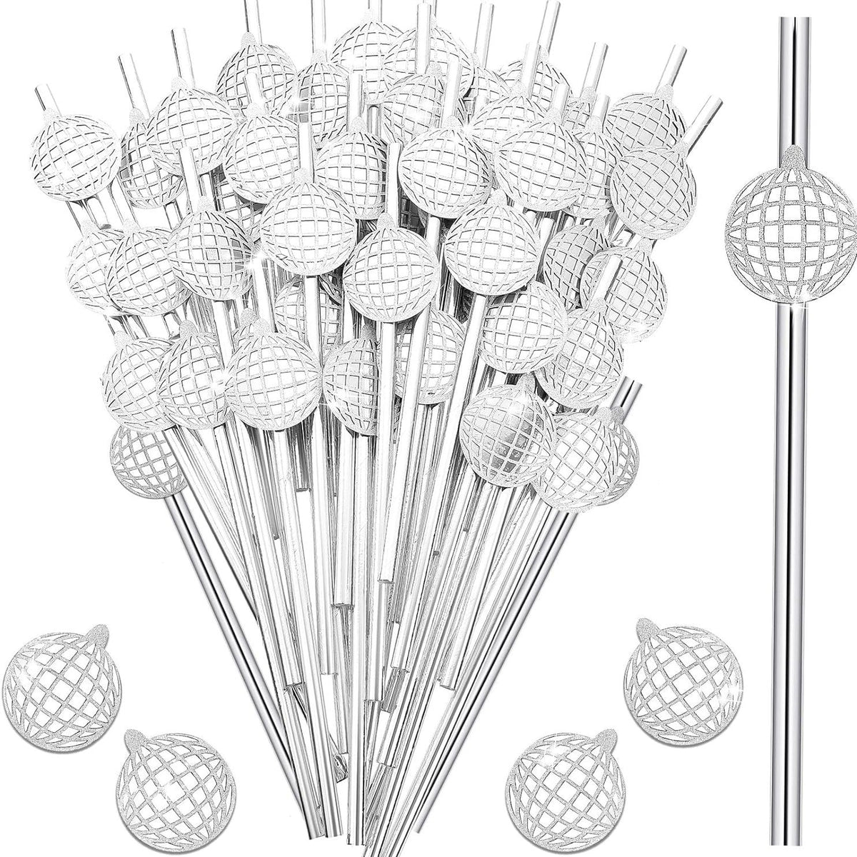 Disco Ball Paper Silver Straws Set
