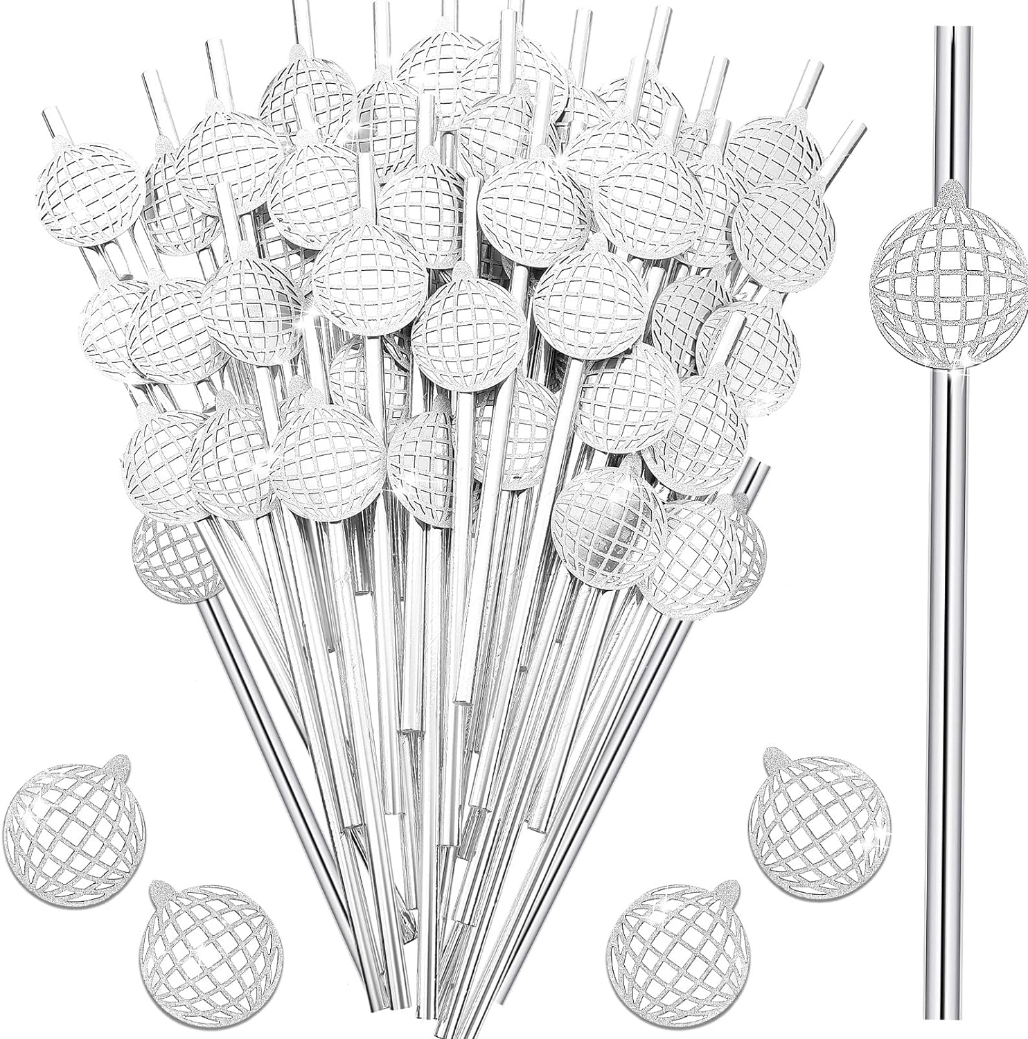 Disco Ball Paper Silver Straws Set