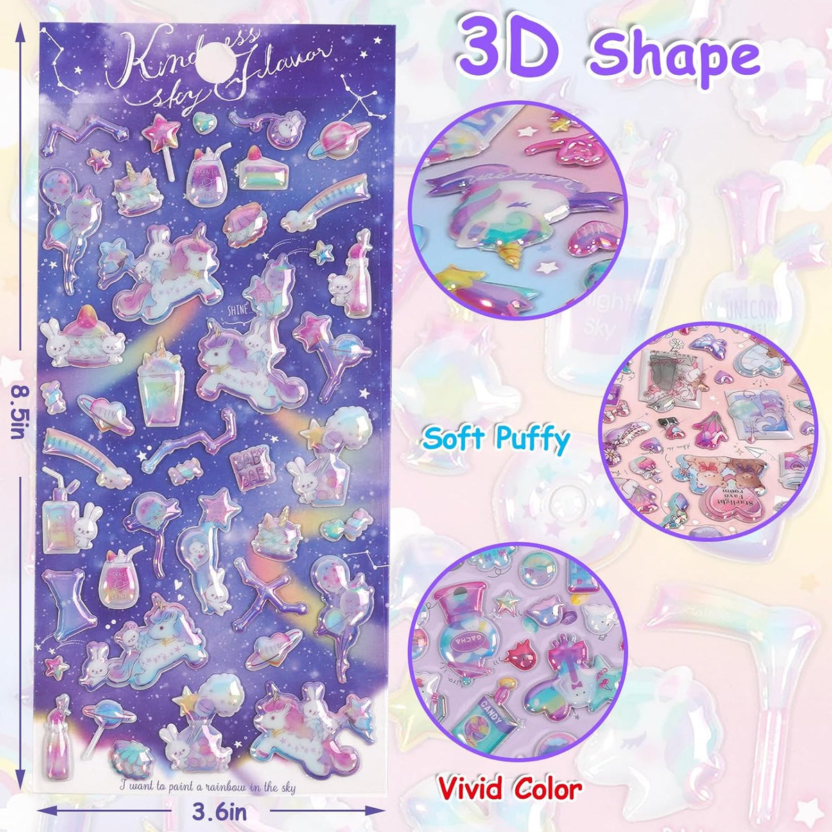 3D Puffy Unicorns Rainbow Stickers for Girls Kids