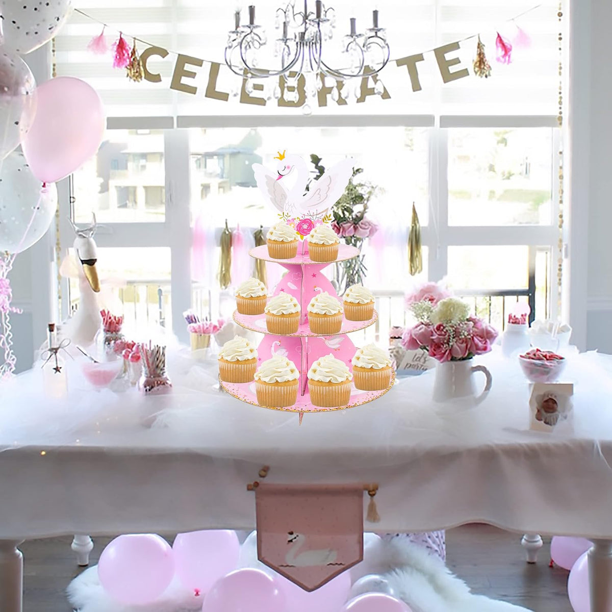 3-Tier White Swan Cupcake Stand