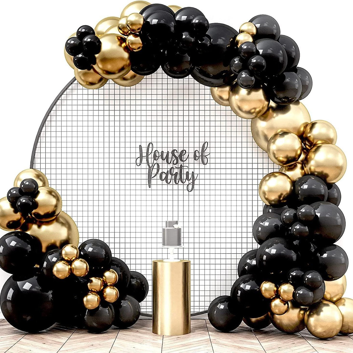 Black and Gold Theme Party Balloon Arch